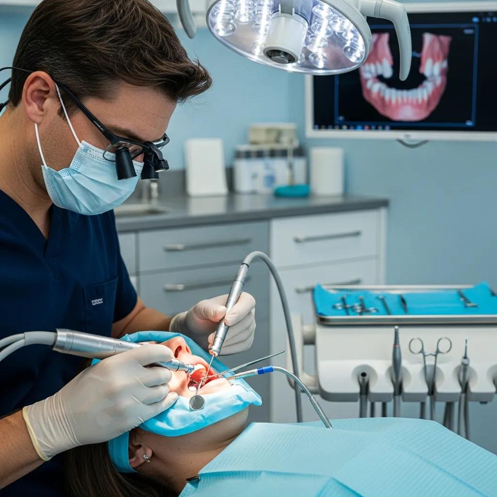 Dentist performing a dental implant procedure with advanced tools in a clinical setting
