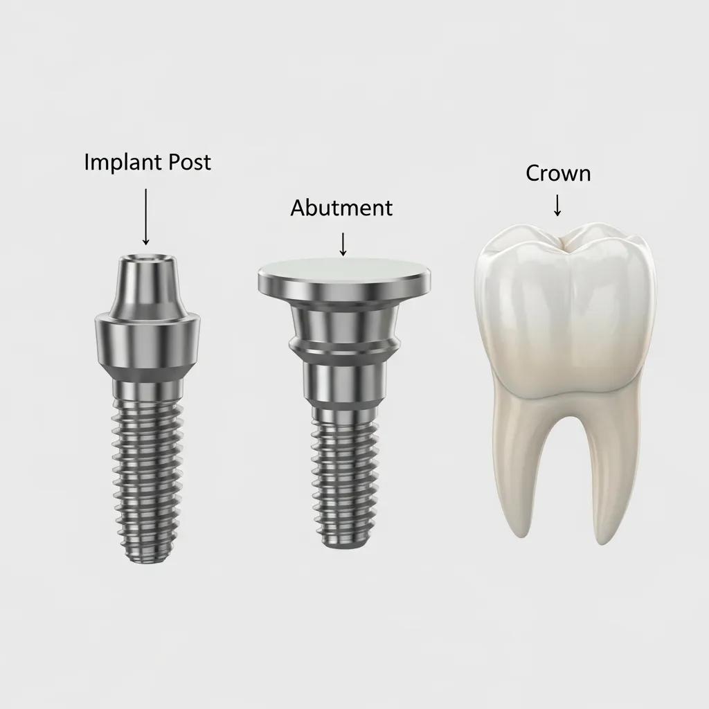 Diagram showing the three parts of a single-tooth implant: implant post in the bone, abutment, and crown